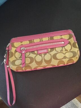 Coach Signature Canvas Wristlet in Brown and Pink